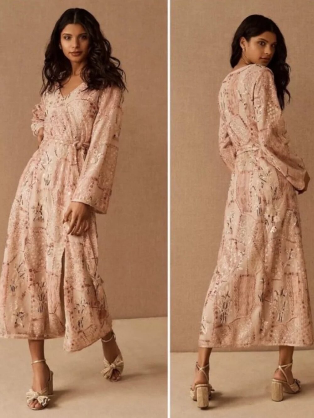 Anna Sui Embroidered Sequin Mesh Wrap Maxi Dress | Size Large | Made in USA